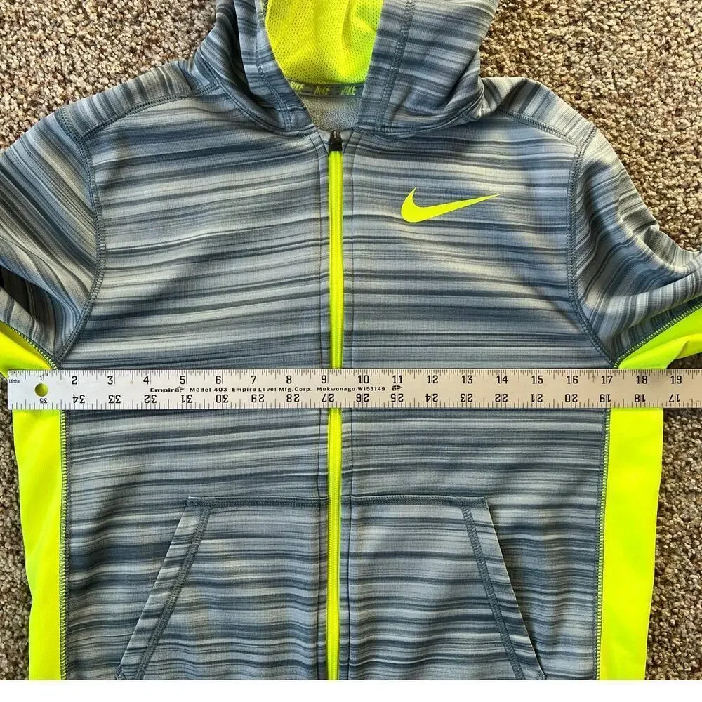Nike Therma Fit Hoodie, Youth Boys Large, Full Zip, Gray Yellow Striped Volt